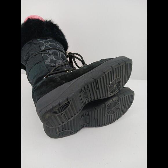 Coach Women Boot 8 Black Snow Boot Lacing Fur Trim Logo Stacked Heel Low - Picture 7 of 11